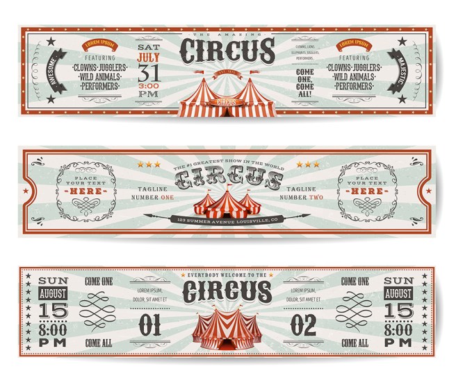Three vintage circus ticket designs featuring colorful graphics of circus tents, dates, and entertainment details.